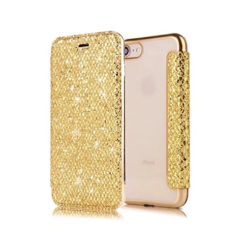 Sycode Flip Case for iPhone 8,Silicone Tpu Bumper for iPhone 8,Clear View Back Cover for iPhone 7,Luxury Rose Gold Bookstyle Electroplating Silicone Tpu Crystal Clear Ultrathin Soft Back Case with Shiny Glitter Bling Pu Leather Card Holder Wallet Full Protective Case Cover for iPhone 8/7 4.7