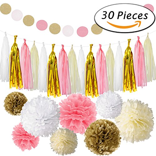 Paxcoo 30 Stück Rosa und Gold Tissue Papier Pom Poms Blumen Quaste Girlande für Geburtstag Hochzeit Party Dekorationen