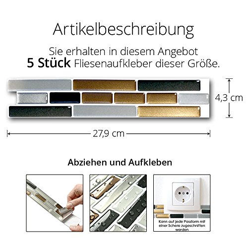 5 Stück 27,9 x 4,3 cm Wandora selbstklebende 3D Mosaik Fliesenaufkleber W1425 kupfer dunkelgrau silber Ziegel - 5