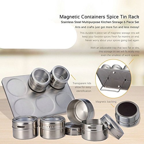 Edelstahl-Gewürzgläser, 6-teilig Magnetischer Würze-Topf mit Trestle & Rotating Transparent Deckel von Xuanlan (rund, silber) - 2