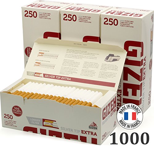 Gizeh Lot de 4 Paquets de 250 filtres Extra Longs, argenté