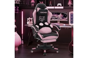 YU YUSING Bonita Silla Gaming con Pata de Gato Cojín Lumba y Orejas de Gato, Silla Gamer Ergonómica Escritorio, Reposapiés Reposacabeza, Caldera de Ordenador para Niñas, Adolescentes, Oficina, Rosa