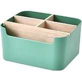VICDUEKG Desk Organizer 5 Compartments Bamboo Office Organizer with Pen Holder Storage Box Desk Organizer for Pens Cosmetics Sticky Notes Green