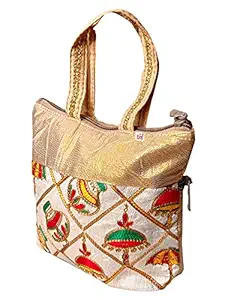 Fun Homes Embroidery Small Hand Bag, Tote Bag For Women & Girls (Gold)-HS_38_FUNH21478