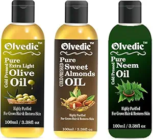 100% Pure & Natural Extra Olive Oil & Almond Oil & Neem in Combo Pack of 3 (100 ml each)