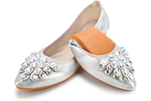 Padcod Womens Fold up Pumps Roll up Shoes Ladies Foldable Ballet Flats with Rhinestone, Portable Ladies Slip On Loafers