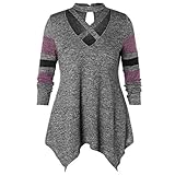 Yvelands Damen Weste Tank Tops Plus Größe gestreiftes langes Hülsen T-Shirt beiläufiges lose Spitzenbluse(CN-M,Lila)