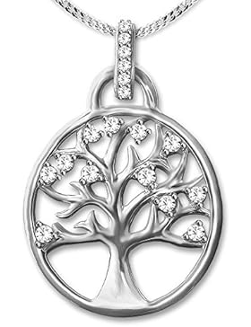 CLEVER SCHMUCK-SET Silberner Anhänger Lebensbaum Ø 22 mm mit vielen Zirkonias in weiß und Kette Panzer 50 cm STERLING...