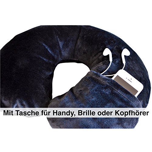 Nackenkissen Reisekissen aufblasbar – Nackenhörnchen fürs Flugzeug mit Fleece-Bezug, gratis Schlafmaske & Ohrstöpseln von Globeproof® - 6