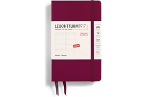 LEUCHTTURM1917 370778 kalendarz tygodniowy na rok 2025, Pocket A6, twarda okładka, terminarz na 12 miesięcy, w linie, czerwony Port Red, angielski