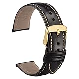 WOCCI Feinkörnig Kalb Leder Uhrenarmband 18mm mit Gold Schnalle, Unisexersatz (Schwarz)