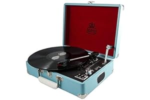 GPO Attache Vinyl Record Player with Built-in Speakers, Vintage Turntable Portable Player Compatible with External Speakers, USB Direct Recording, Sky Blue