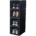 Shoe Box Premium Shoe Box 4 Pack - Front Open with Magnetic door, Transparent, Plastic Storage Box (4 Pack Front Open, Black)