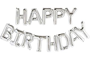 PRETTYUI Self Inflating Happy Birthday Banner Balloon Bunting Silver 16 inch Letters Foil/16 Inch Mylar Foil Letters Balloons Banner Reusable Ecofriendly Materialfor Birthday Decorations and Party Supplies