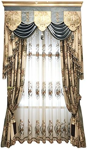 Clichtg European Pastoralen Beige Cashmere Jacquard Shade Living Room Villa Voile Curtain + Gauze Curtain 245 x 140 cm
