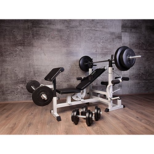 Gorilla Sports Hantelbank – Kraftstation mit Lang-, Kurz-, SZ-Hantelstange inkl. Gewichten (100kg) – Trainingsstation für Seilzug, Butterfly, Bankdrücken, Beincurl, Dips - 8