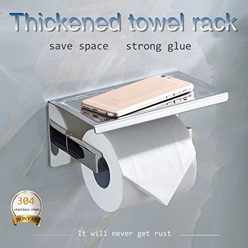newpointer Toilettenpapierhalter, Angle Simple selbstklebend & Wand montiert SUS 304 Edelstahl Toilettenpapierhalter Aufbewahrung Badezimmer Papier Tissue Rolle Kleiderbügel mit Handy Ablage, poliert - 2