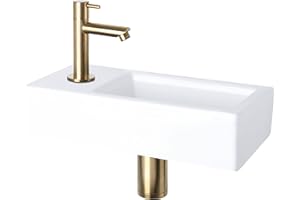 Differnz Helios Waschbecken klein, Handwaschbecken Keramik Weiß, Gold Armaturen Wasserhahn Links, Waschtisch, Kaltwasserhahn – 37.5 x 18 x 9.5 cm