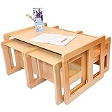 3 in 1 Multifunktionale Kindermöbel im Fünfer Set Bestehend Aus einem Multifunktionalen Kindertisch oder Kindersitzbank und vier Multifunktionale Kinderstühle oder ein Multifunktionales Nest von fünf Couch- Beistelltischen für Erwachsene, aus Massivem Buchenholz Natur Lackiert - 2
