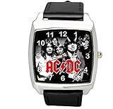 TAPORT® Herren Uhr Analog Quarzwerk mit Leder Armband ACDC Schwarz Quadrat