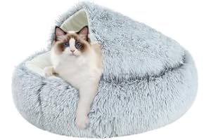 CUEMOON Flauschiges Katzenbett, rund, weiches Plüsch, Kleine Hunde und Katzen Haustierbett Waschbar rutschfest Hundebetten Lang Plüsch Verdicktes Warmes Hundekorb, Schlafkissen, rutschfest, Grau