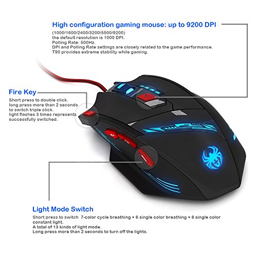 DLand Zelotes T90 Professional 9200 DPI High Precision USB Wired Gaming Maus, 8 Tasten, mit 7 Arten Modi von LED Lampe, Gewicht Tuning Set kompatibel mit Windows 7, 8, XP, Vista, ME, 2000 und so weiter. - 4