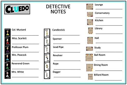 CLUEDO DELUXE COLOUR GRAPHIC REPLACEMENT DETECTIVE NOTES - 50 CARDS (25 DOUBLE SIDED SHEETS) - NEW DESIGN LAYOUT ON A5 SIZE CARD