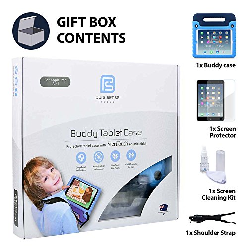Apple iPad Air 1 Hülle für Kinder, PURE SENSE BUDDY robust antibakteriell keimfrei Schultergurt strapazierfähig Kinder widerstandsfähig stoßsicher Spielzeug Schutz tragbar Schutzhülle + Griff, Standfunktion, Displayschutz (Blau) - 6