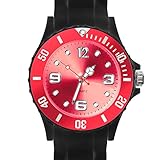 Taffstyle Damen Herren Sportuhr Armbanduhr Silikon Sport Watch Farbige Krone Analog Quarz Uhr 43mm Schwarz Rot