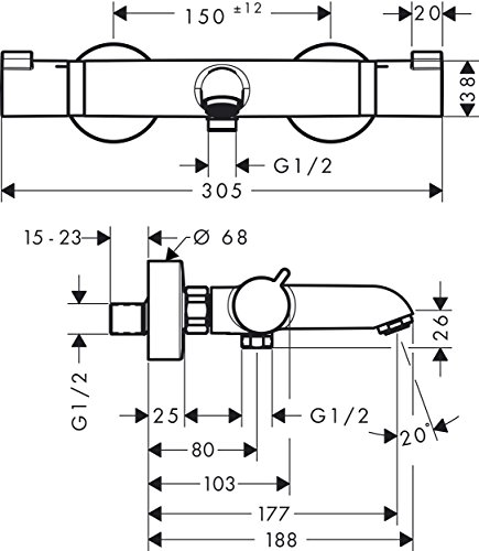 Hansgrohe 13114000 Ecostat Comfort termostato de bañera visto, caño 178mm, cromo