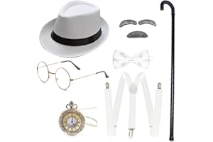 Gionforsy 20er Jahre Herren Kostüm Accessoires Set Gatsby 1920s Mafia Zubehör Set mit Hut Brille Hosenträger Fliege Taschenuhr Stock Bart für Great Gatsby Party Halloween Karneval Fasching