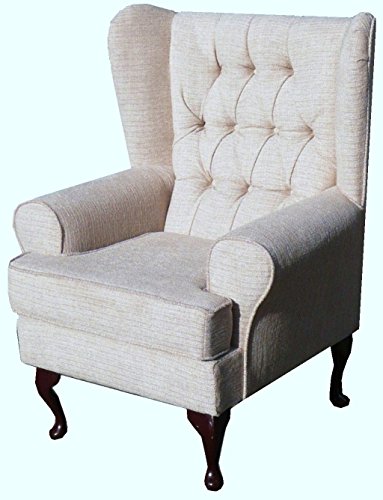 Button Back Beige Chenille Fabric Queen Anne design wing back fireside high back chair. Ideal bedroom or living room furniture