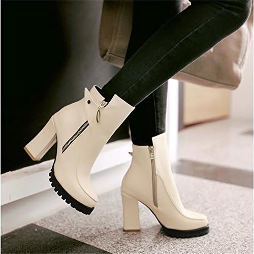ZQ@QX Autumn and Winter Round Head bold and stylish large numbers in Europe and America, the high-heel shoes female boots, beige 45