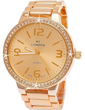 Elegante Ny London Damen-Uhr Strass Analog Quarz Armband-Uhr in Rose-Gold mit großem Ziffernblatt