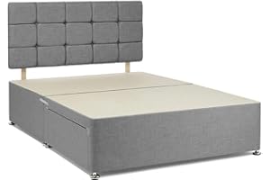 BEDSLAND Grey Chenille Fabric Divan Bed Base with Headboard | Double Bed Frame with 20 Inches High Headboard (4FT6 Double -No Drawers)