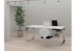 DUÓFIC Mesa de Oficina con Estructura de Marco Cerrado Color Cromado. Tablero de melamina Fabricado en España. Envio a Toda la península. (Blanco, 180x80)