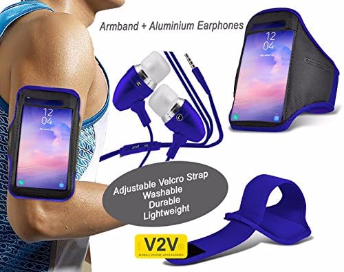 Samsung Galaxy C7 (5.7") - Brand New Superb Quality Jogging Armband Fingerprint Touch Supporting Running Exercise Gym Bike Cycling Arm Band + Aluminium Earphone Headset With Built In On Off Microphone Stereo Hands Free (Blue) by V2V international