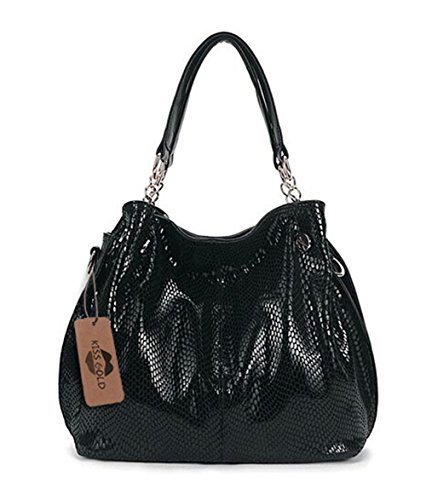 KISS GOLD(TM) Women's Fake Leather Snake Skin Pattern Shoulder Bag Handbag (Black)