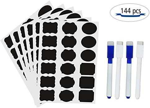 Onebycitess Chalkboard Labels Stickers for Mason Jars 144 pcs with 4 Chalk Maker Waterproof Black Chalk Board Small Adhesive Blackboard for Food Storage,Pantry, Craft Rooms,Closets,Organize Home,Kitchen,Office and School