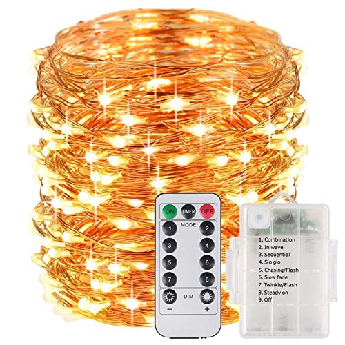 suplong 12 M 120 leds alambre de cobre cadena de luces 8 modos exterior Iluminación USB y pilas resistente al agua IP65 con Mando a distancia Interior - Blanco Cálido