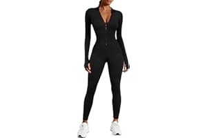 Voqeen Tuta Donna Manica Lunga Zip Up Leggings Scollo a V Yoga Tuta Aderente Cerniera Completo Elegante Playsuits Jogging Rompers Pantaloni Tute