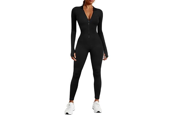 Voqeen Kvinnors jumpsuit jumpsuit långärmad dragkedja leggings V-ringad yogadräkt elegant playsuits jogging stringtrosa elastisk one piece