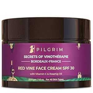 Pilgrim Red Vine Face Cream with SPF 30 Sunscreen, Rosehip Oil & Vit C For Anti Ageing, Sun Protection PA+++, Daily Use, Dry, Oily, Combination Skin, Men & Women, 50g