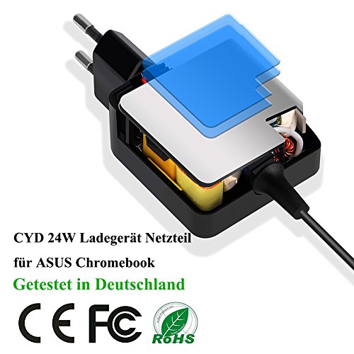 CYD 24W 12V 2A PowerFast-Laptop-Netzteil-AC-Adapter-Charger für Asus Chromebook C100PA C201 C201PA, Cabrio Touch Screen, Passend für asus Notebook C201 C100 C100PA-DB01 C100PA-DB02 C100PA RBRKT03 10.1 Zoll C201PA C201PA-DS01 C201PA-DS02 AD2055320, 8.2 Feet(2.5m) Laptop Ladegerät Adapter Kabel - 4