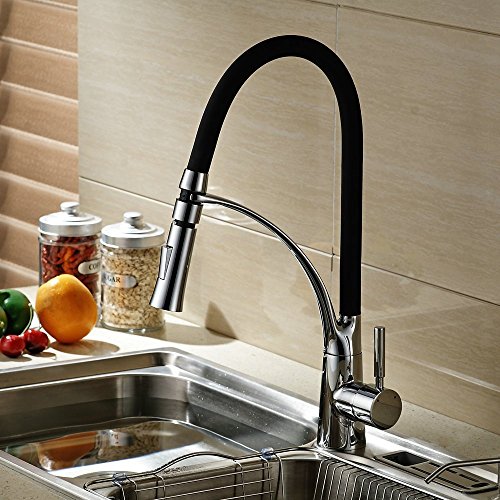 Hiendure® aus massivem Messing herausziehen Spray Küchenarmaturen Waschtischarmaturen Küchenspüle Wasserhahn Gummischlauch verchromt, Schwarze Farbe - 5
