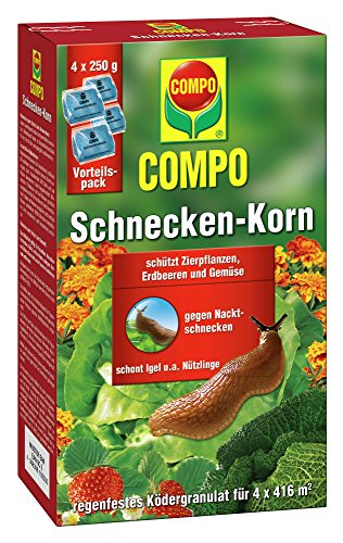 COMPO Schnecken-Korn, Streugranulat gegen Nacktschnecken zur Anwendung im Freiland und Gewächshaus, 4 x 250 g Vorteilspack