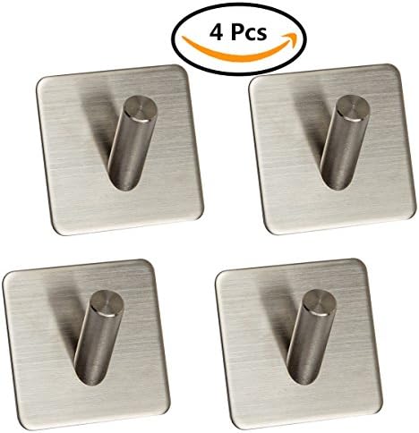 4Pcs 3M Self Adhesive Hooks Heavy Duty Stylish Brushed 304 Stainless Steel Sticky Hooks Extra Strong - Max 4.5 lbs - Water and Rust Proof