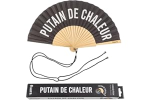 Fisura – Abanico original con mensaje “p*tain de chaleur”. Abanico de madera moderno y gracioso. Abanico negro y blanco. Medidas: 42,5 x 23 cm. Madera y textil.