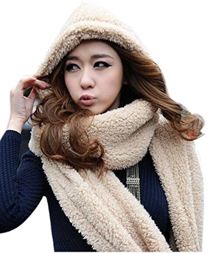 3 in 1 Unisex Hood Hoodie Earflap Hat Long Scarf Snood Wraps Winter Warm with Pocket Gloves (Beidge)