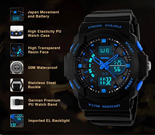 Kinderuhr-Jungen-Mdchen-Sport-Armbanduhr-Digital-Analog-50M-Wasserdicht-Wecker-Dual-Display-Zeitzone-Datum-Uhr-Chronograph-Multifunktion-Outdoor-Stoppuhr-mit-Schwarz-Gummiband